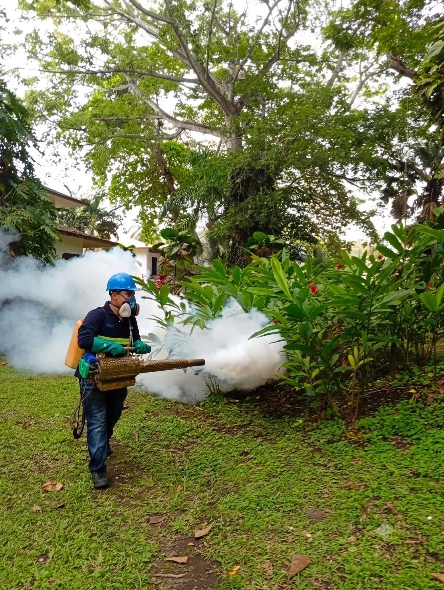 Técnico de BioPest realizando termonebulización contra zancudos en un jardín