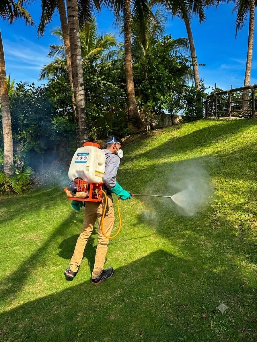 Técnico de BioPest fumigando el jardín contra zancudos
